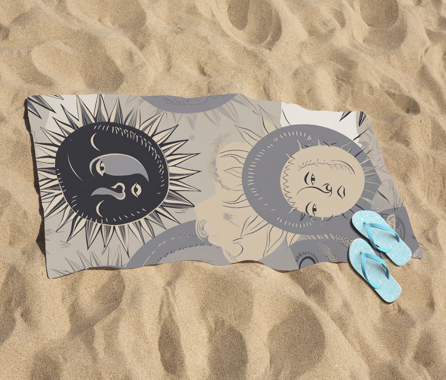 Grey Black Abstract Moon and Sun Beach Towel