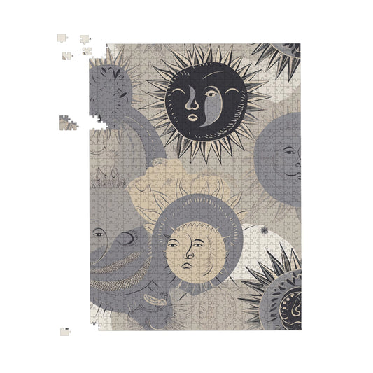 Grey Black Abstract Moon and Sun Jigsaw Puzzle