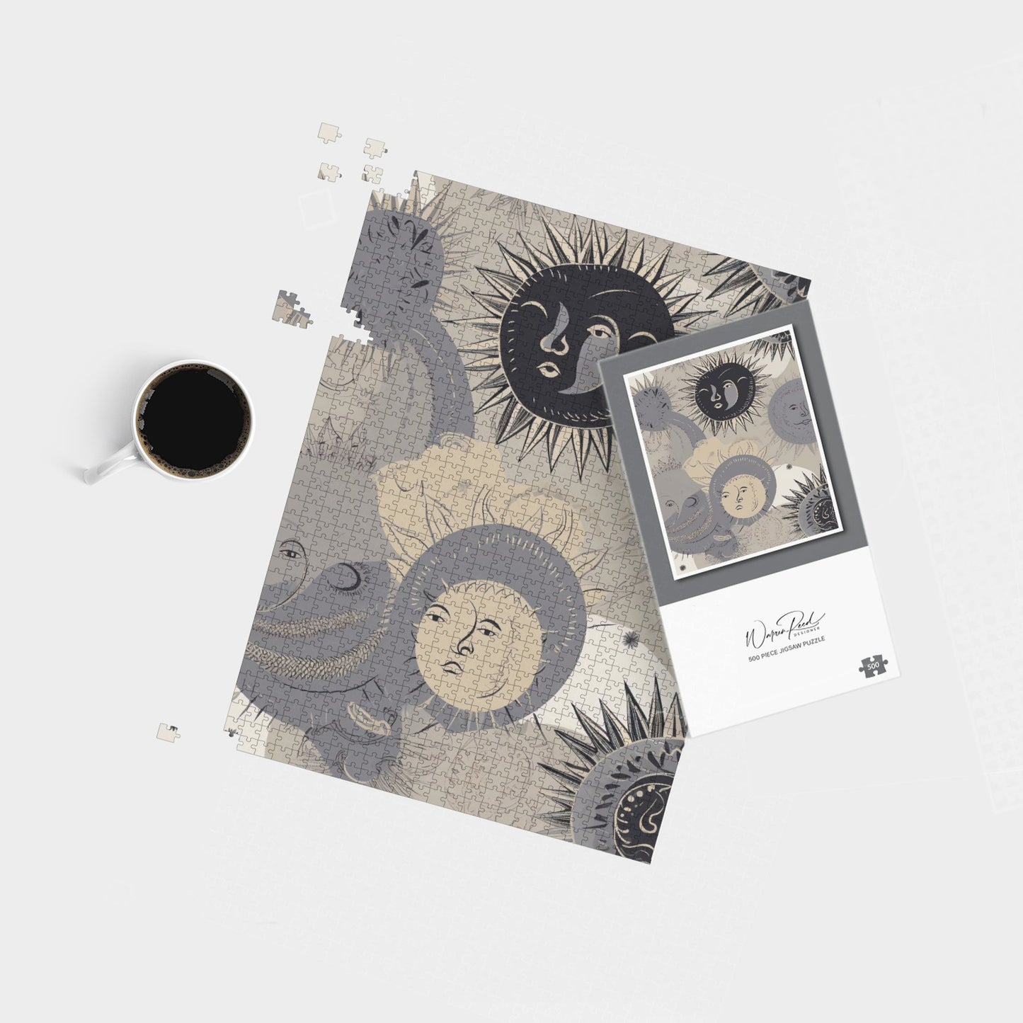 Grey Black Abstract Moon and Sun Jigsaw Puzzle