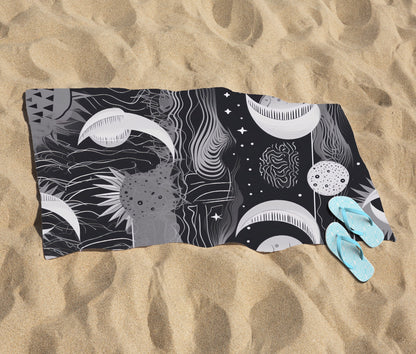 Abstract Black White Moon and Sun Beach Towel