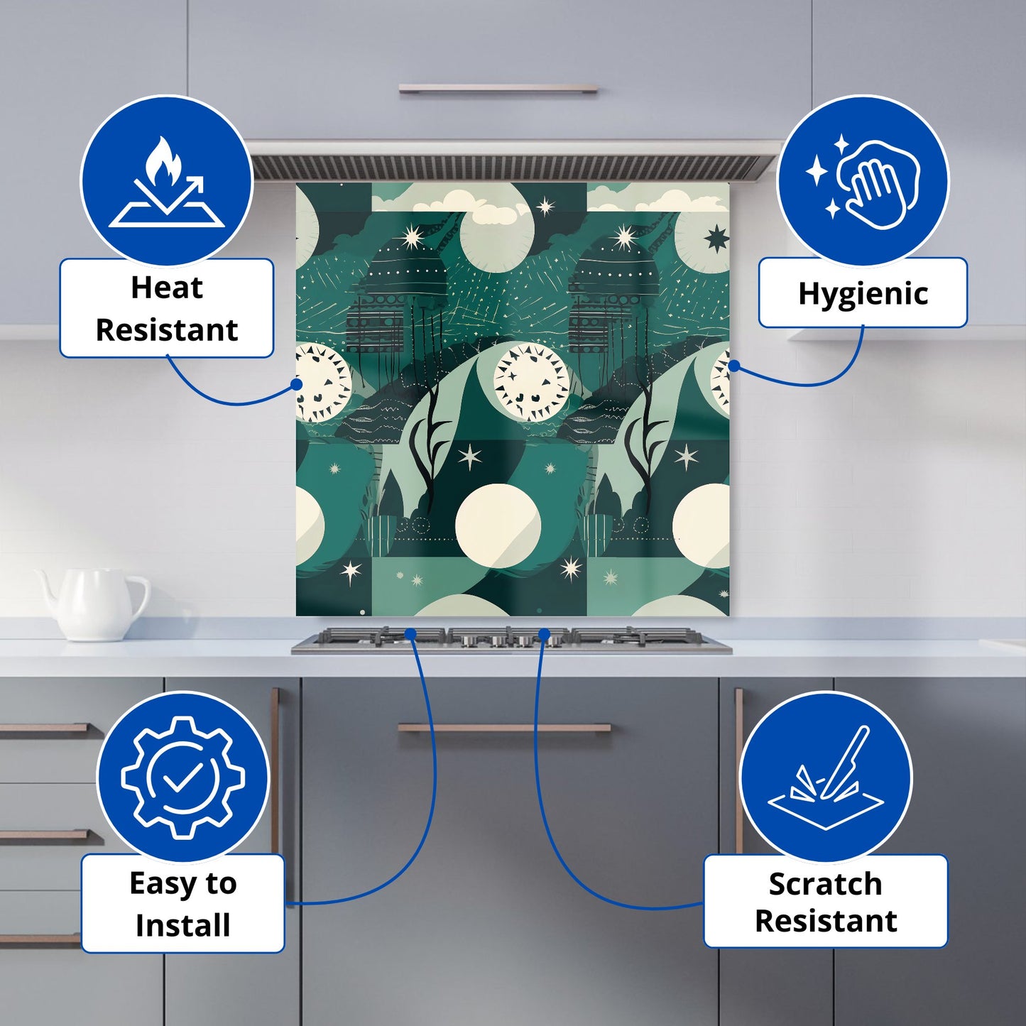 Abstact Green Cream Moon and Stars Kitchen Splashback