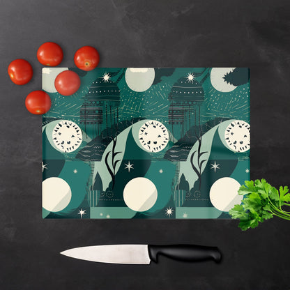 Abstact Green Cream Moon And Stars Glass Chopping Board