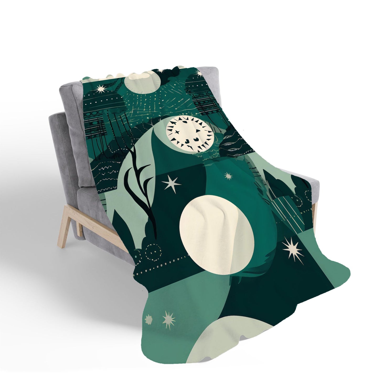 Abstact Green Cream Moon and Stars Sherpa Blanket