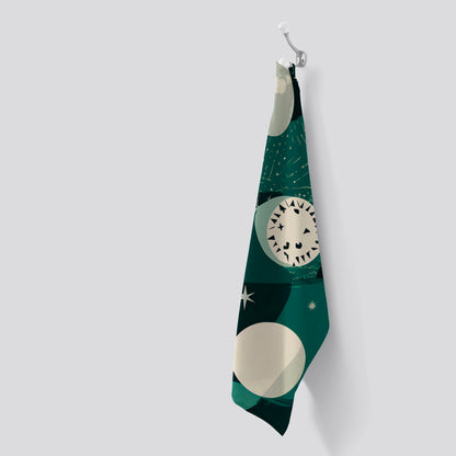 Abstact Green Cream Moon and Stars Tea Towel