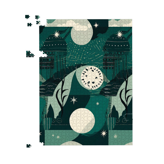 Abstact Green Cream Moon and Stars Jigsaw Puzzle
