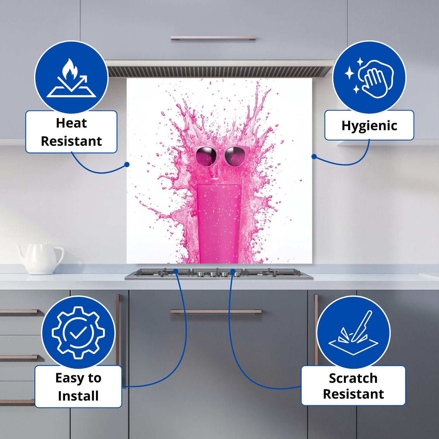 Pink Splashart Glass With Glasses Kitchen Splashback