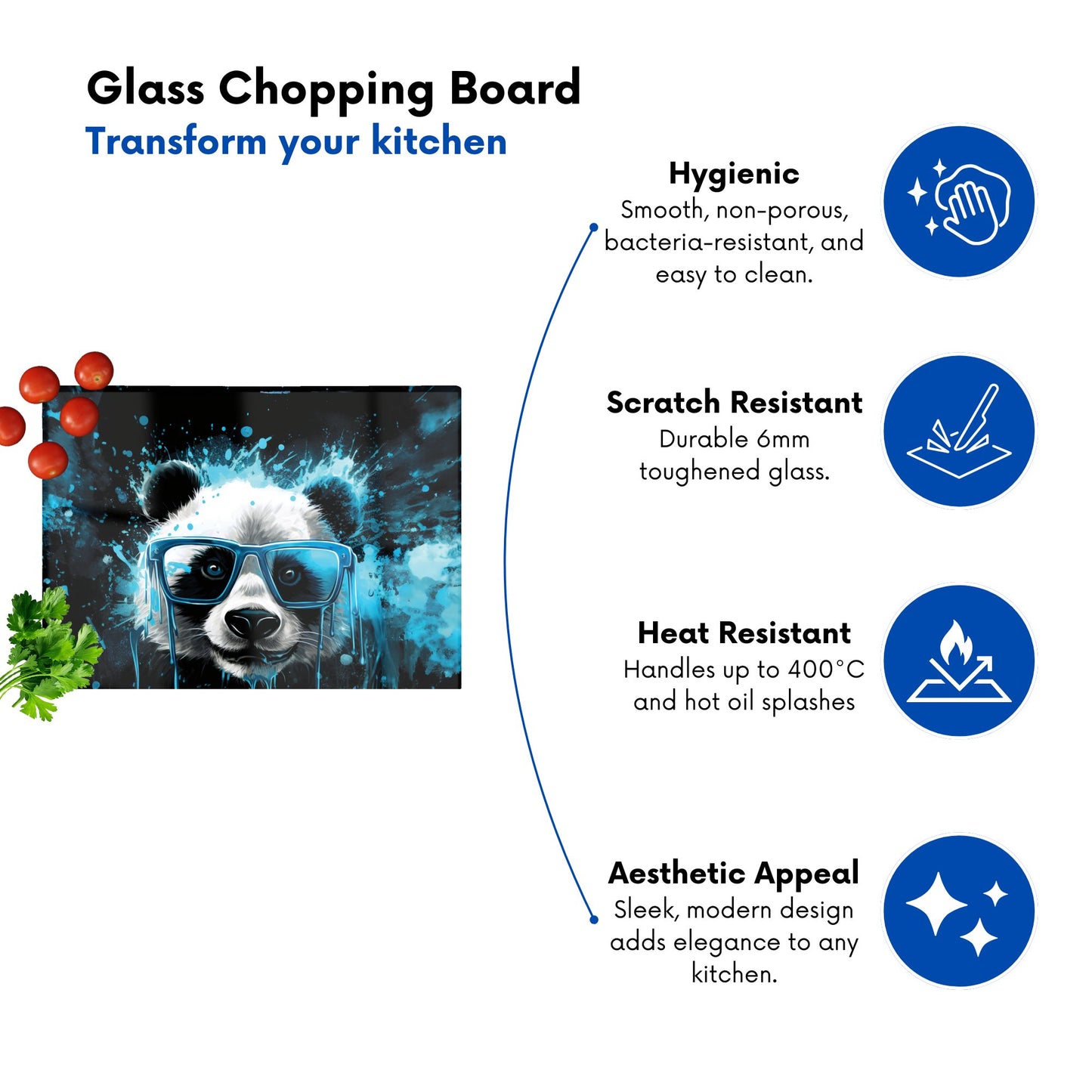 Blue Splashart Panda Face Glass Chopping Board