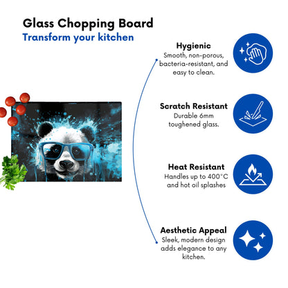 Blue Splashart Panda Face Glass Chopping Board