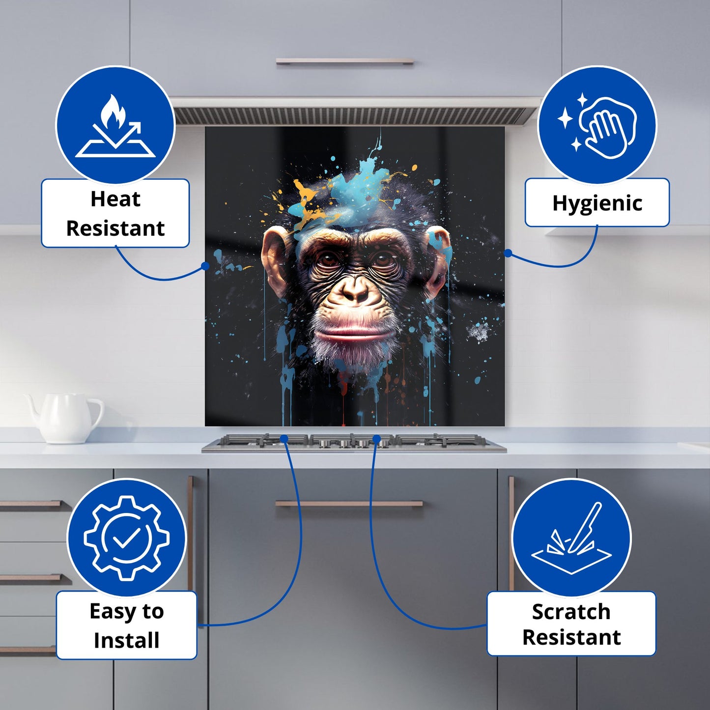 Monkey Face Splashart with Blue Kitchen Splashback