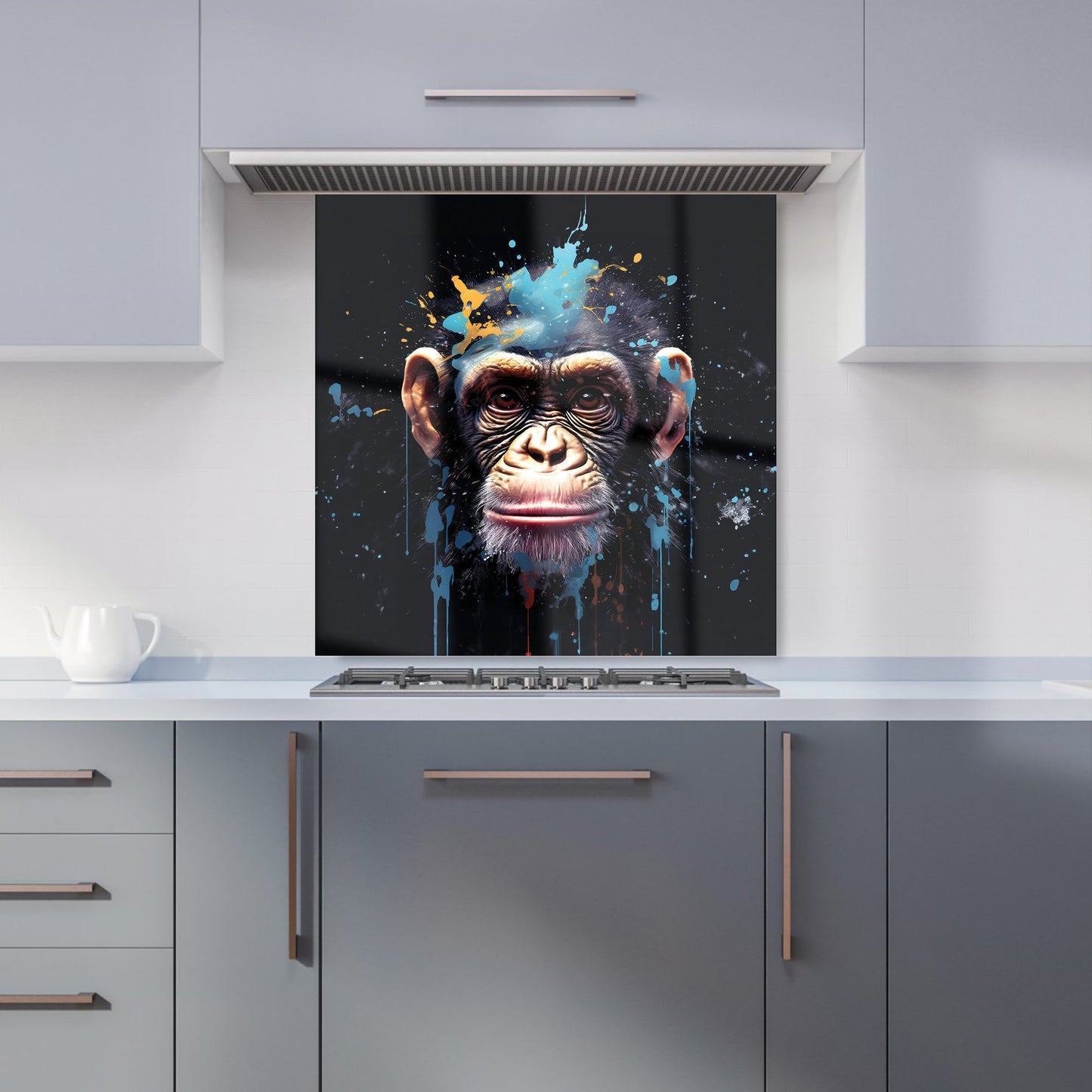 Monkey Face Splashart with Blue Kitchen Splashback