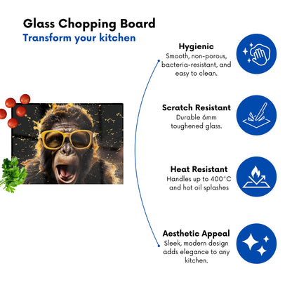Splashart Monkey Face With Yellow Glasses Glass Chopping Board