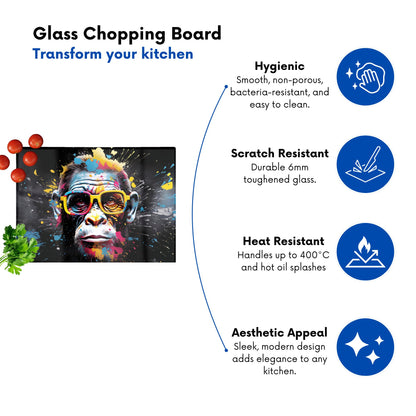Coloured Splashart Monkey Face Glass Chopping Board
