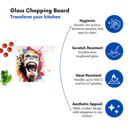 Coloured Splashart Crazy Monkey Face Glass Chopping Board