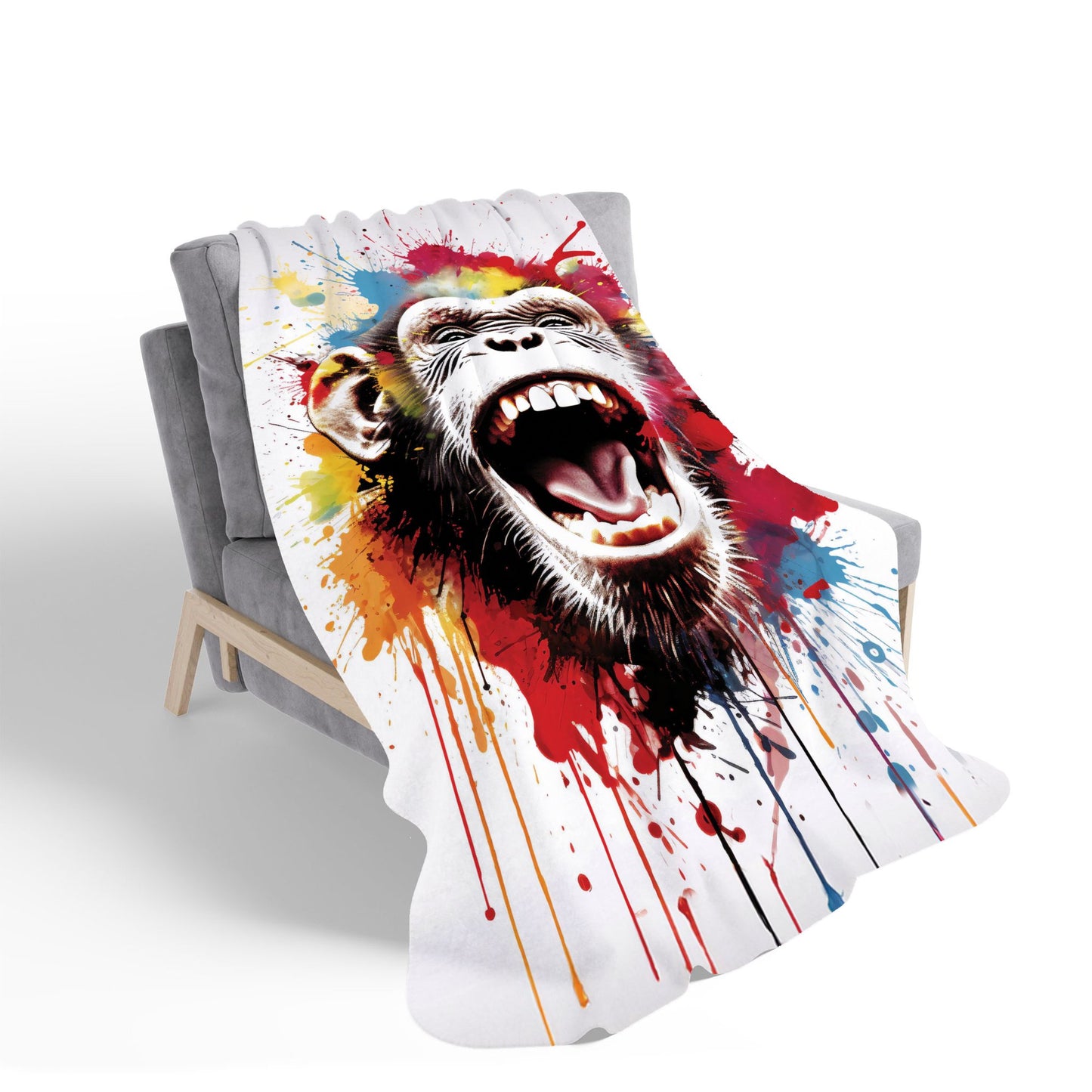 Coloured Splashart Crazy Monkey Face Sherpa Blanket