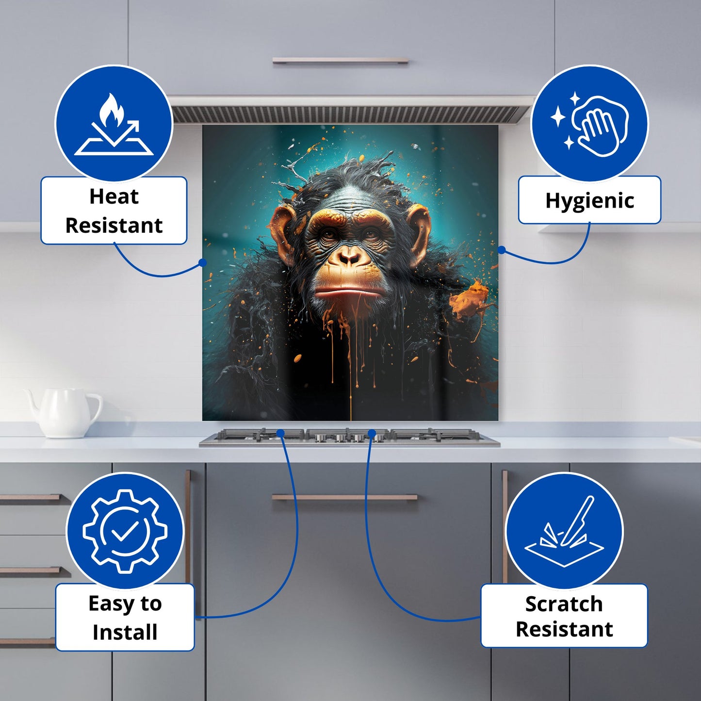 Monkey Face Splashart Blue Kitchen Splashback