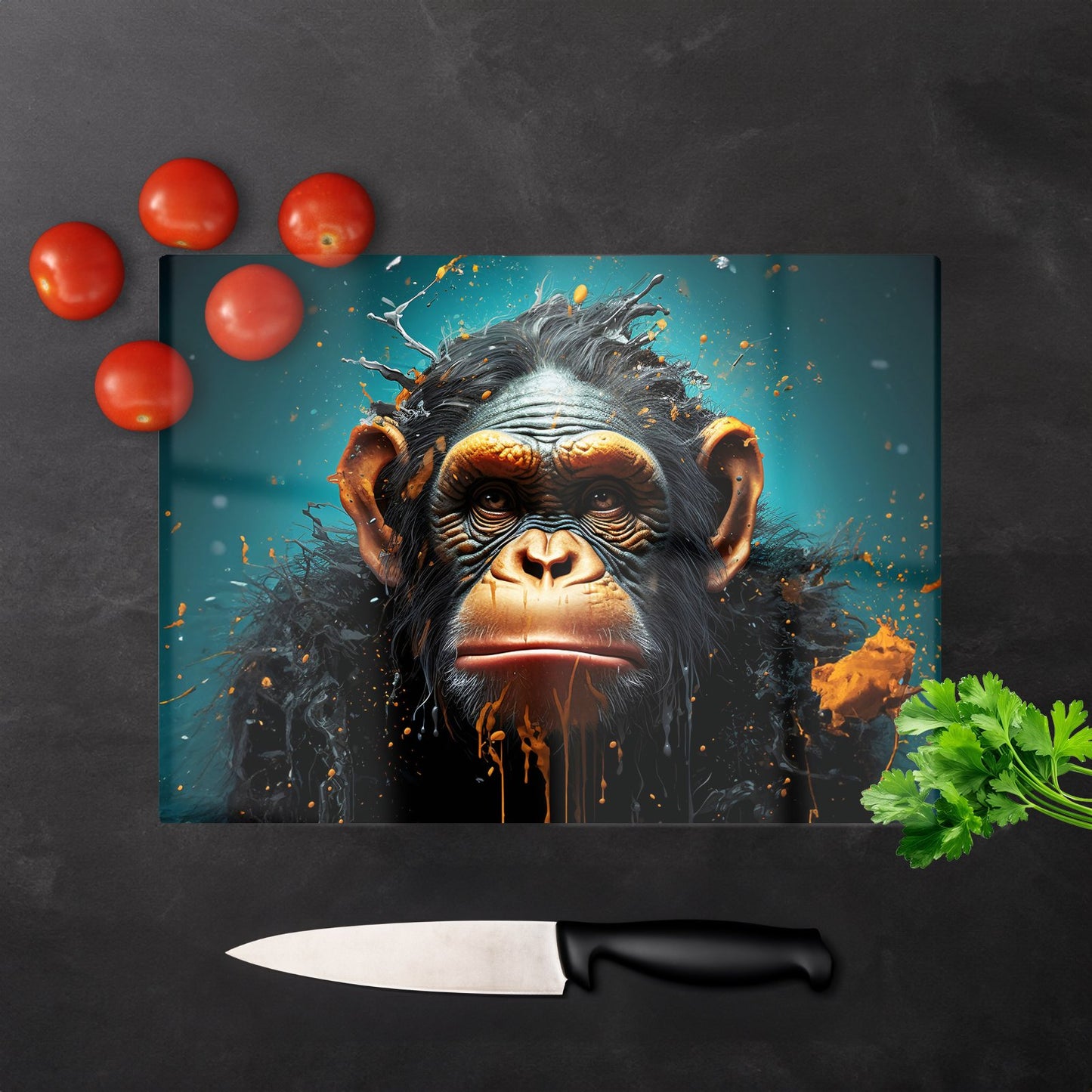 Monkey Face Splashart Blue Glass Chopping Board