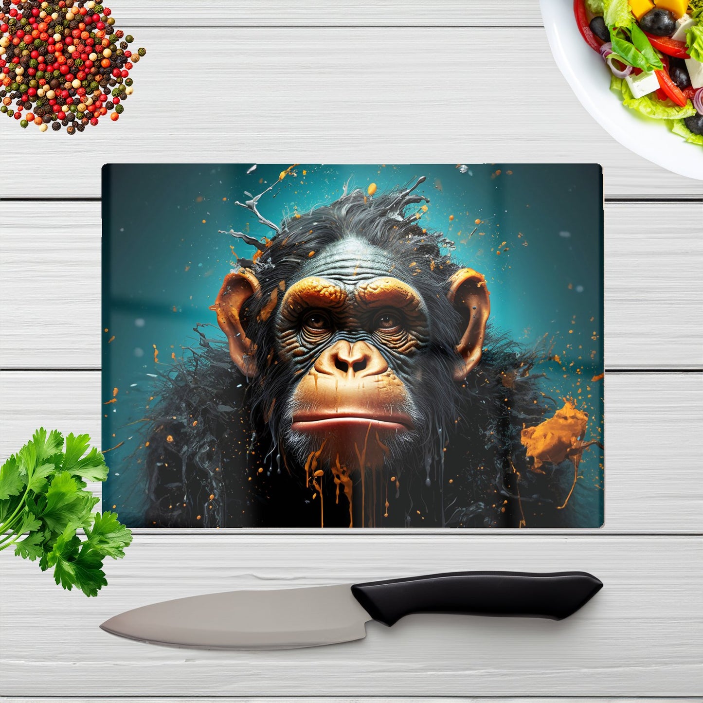 Monkey Face Splashart Blue Glass Chopping Board