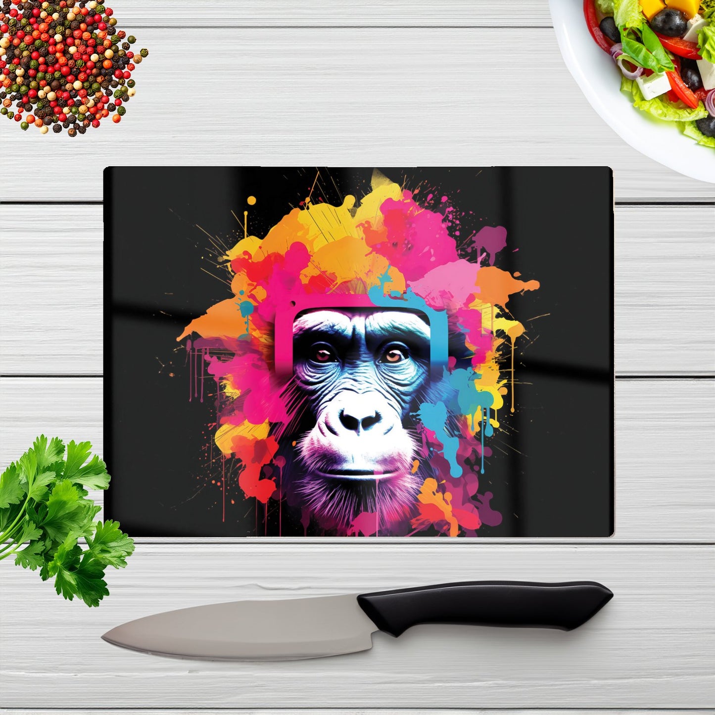 Multi Coloured Monkey Face Glass Chopping Board