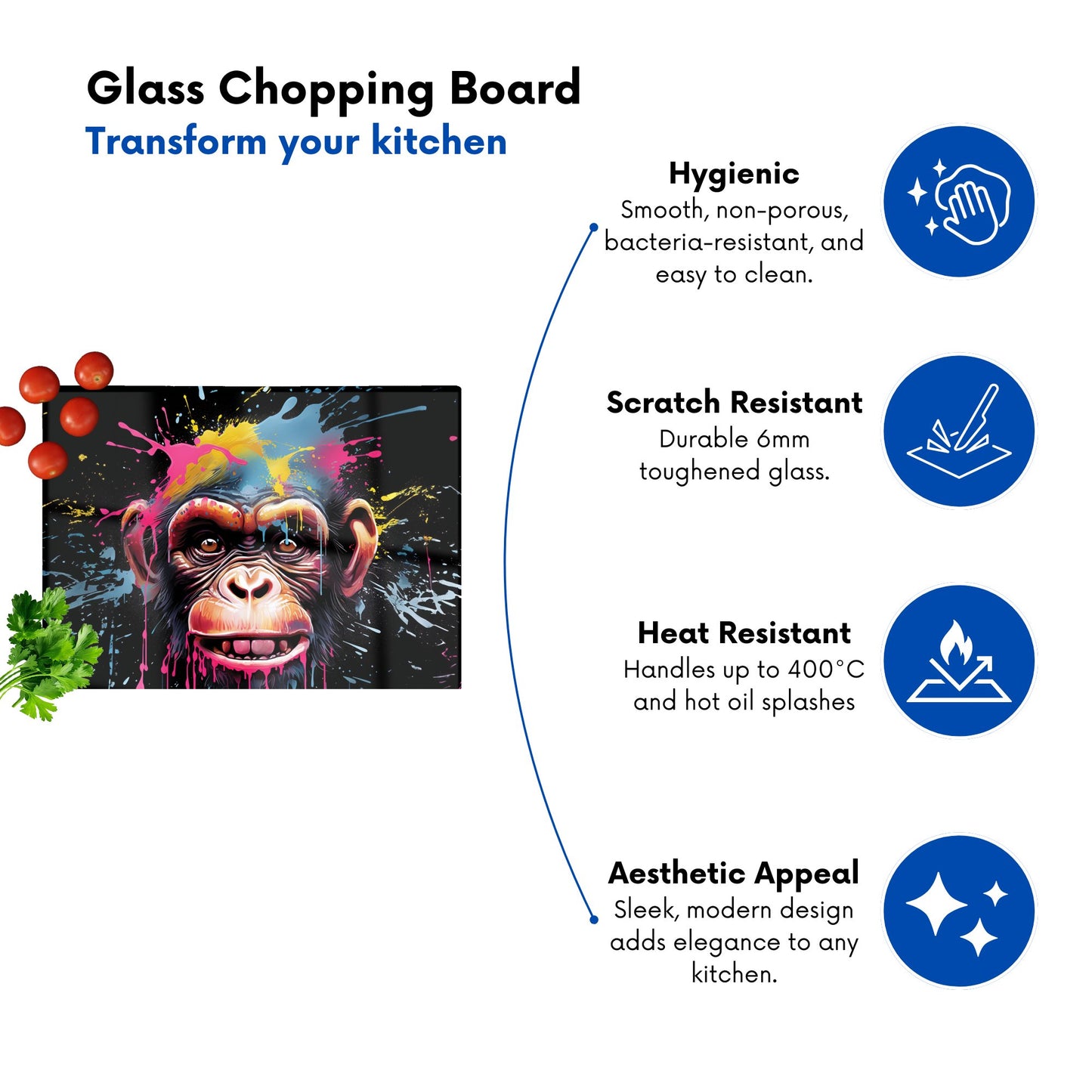 Multi Coloured Monkey Face Splashart Glass Chopping Board