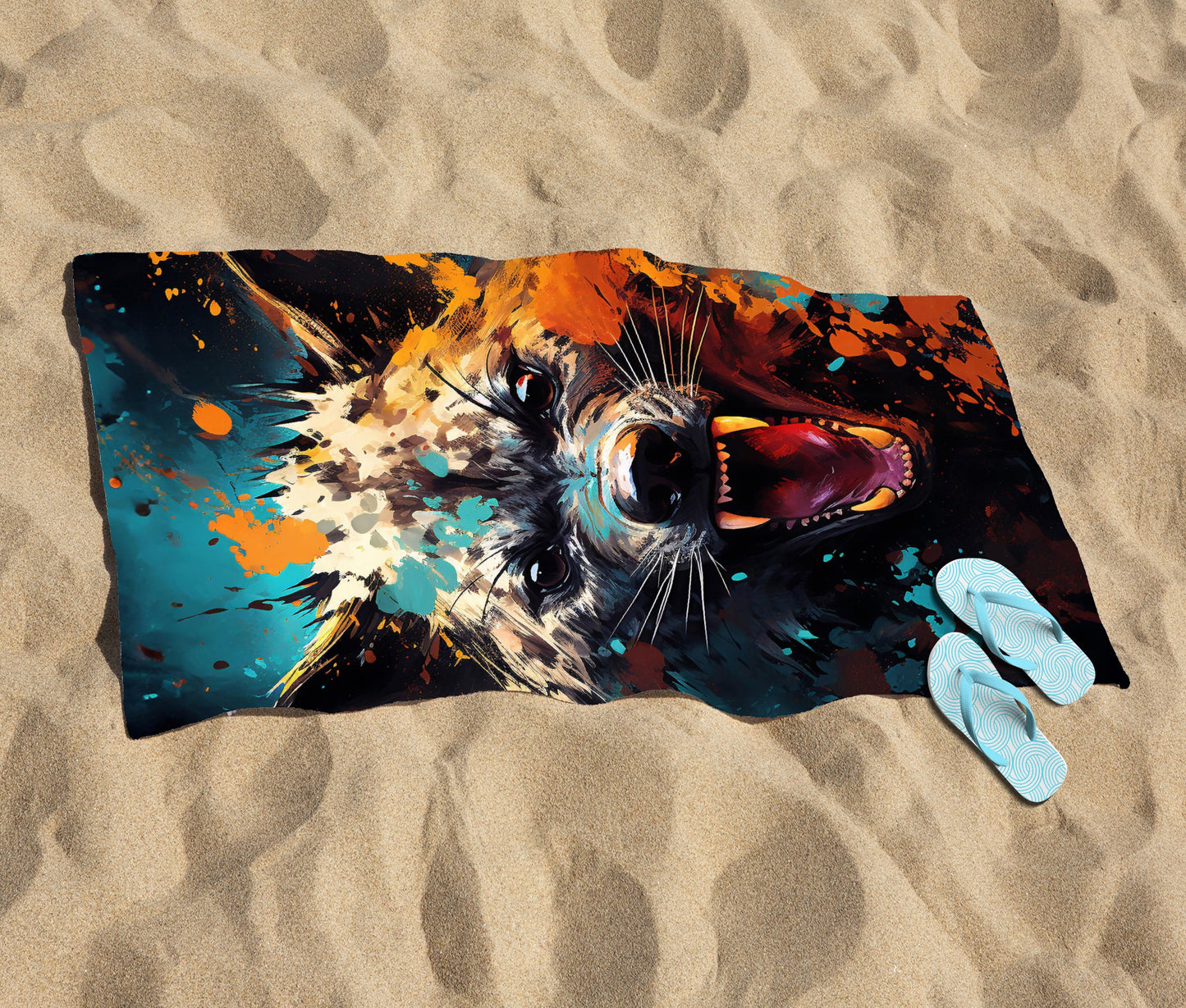 Splashart Angry Hyena Face Beach Towel