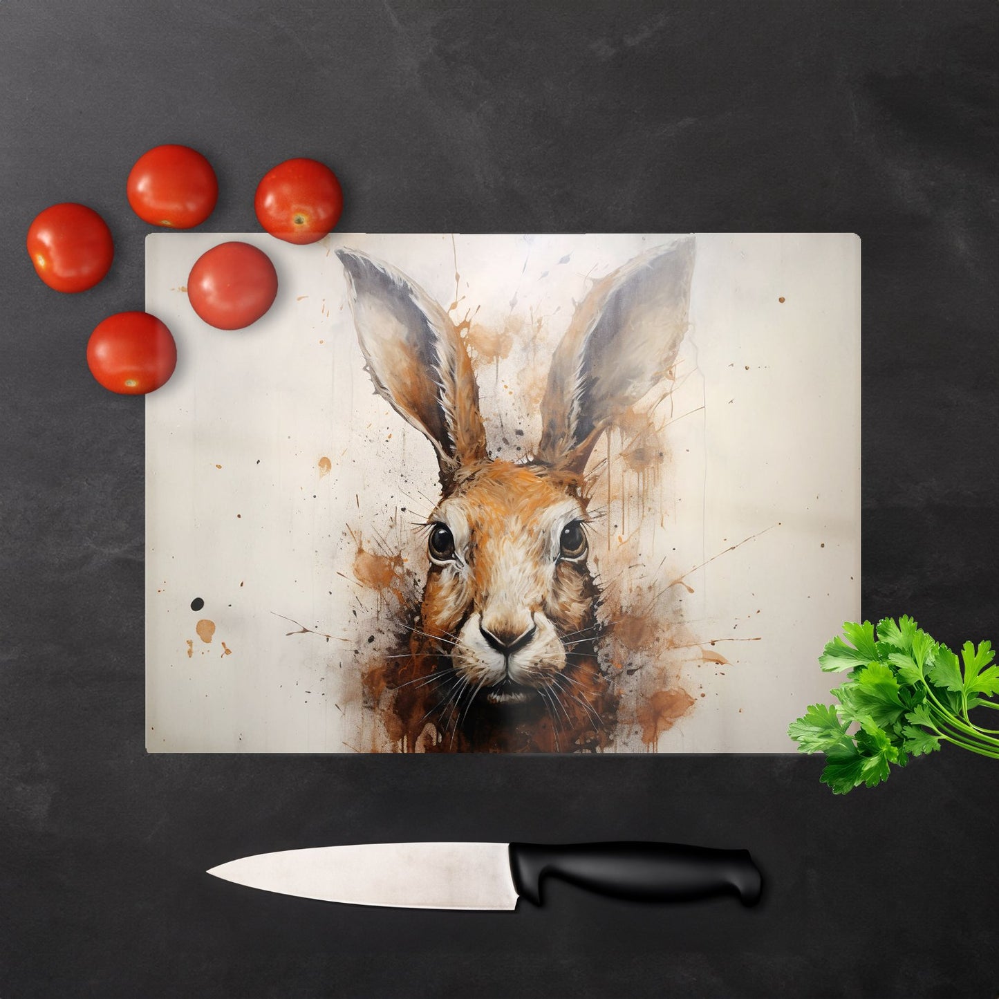 Watercolour Hare Face Glass Chopping Board