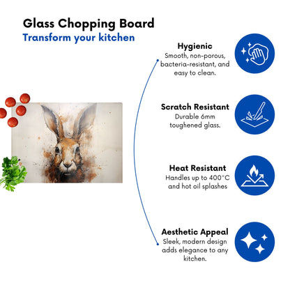 Watercolour Hare Face Glass Chopping Board