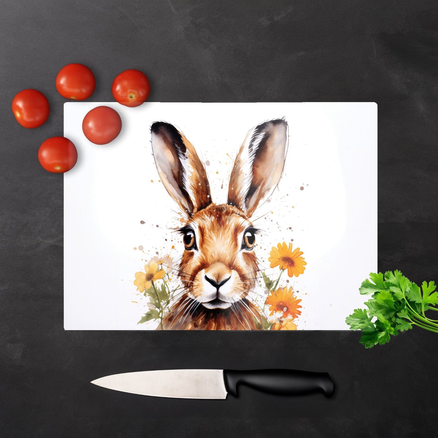 Watercolour Hare And Daisies Glass Chopping Board