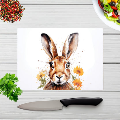 Watercolour Hare And Daisies Glass Chopping Board