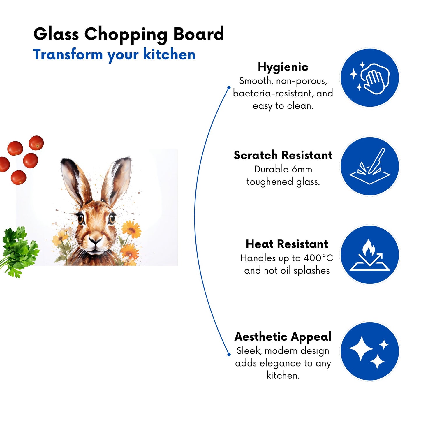 Watercolour Hare And Daisies Glass Chopping Board