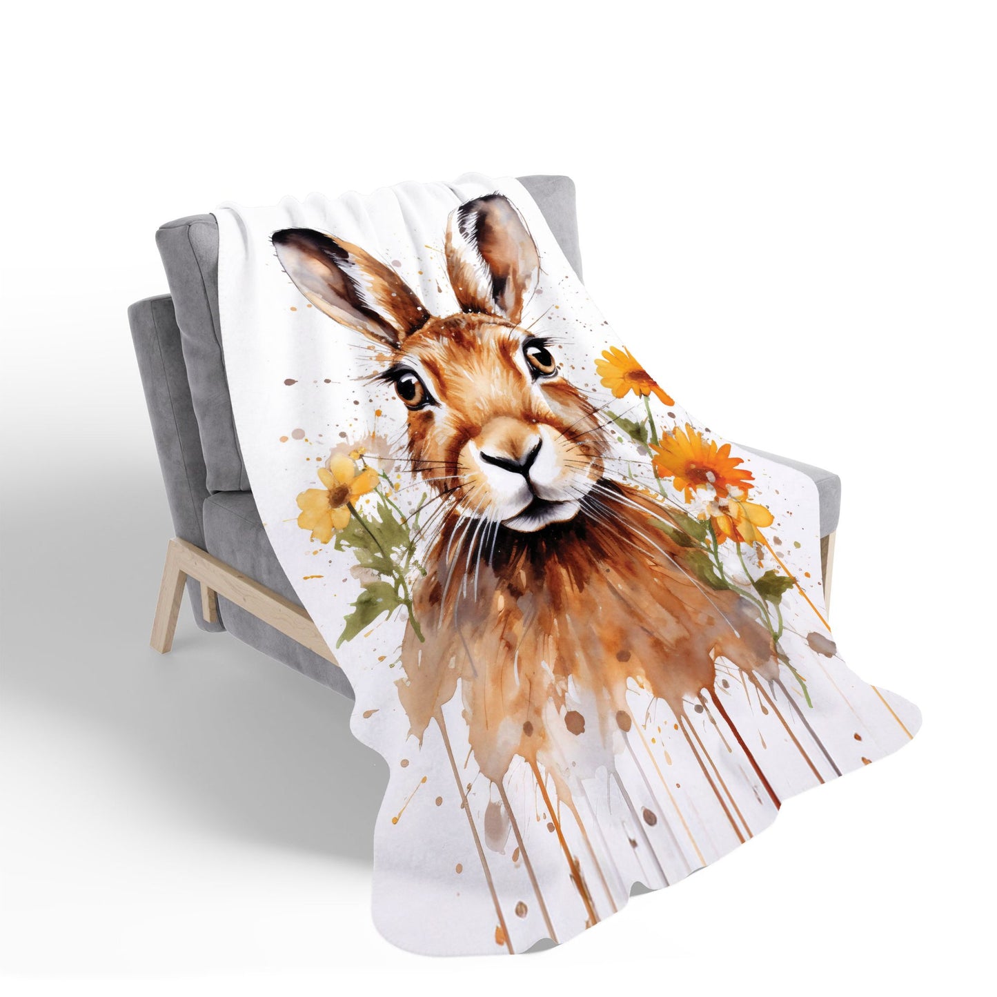 Watercolour Hare and Daisies Sherpa Blanket