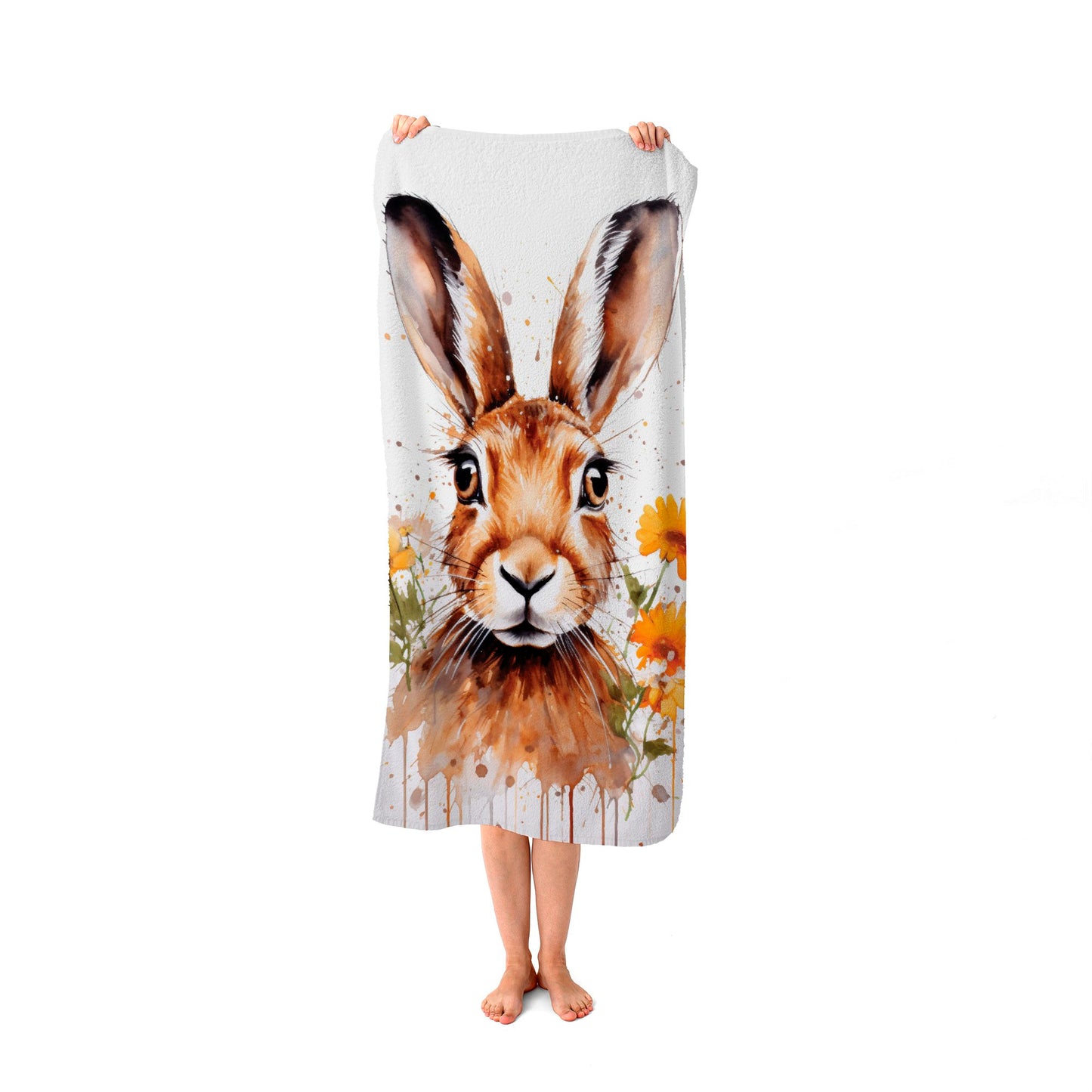 Watercolour Hare and Daisies Beach Towel