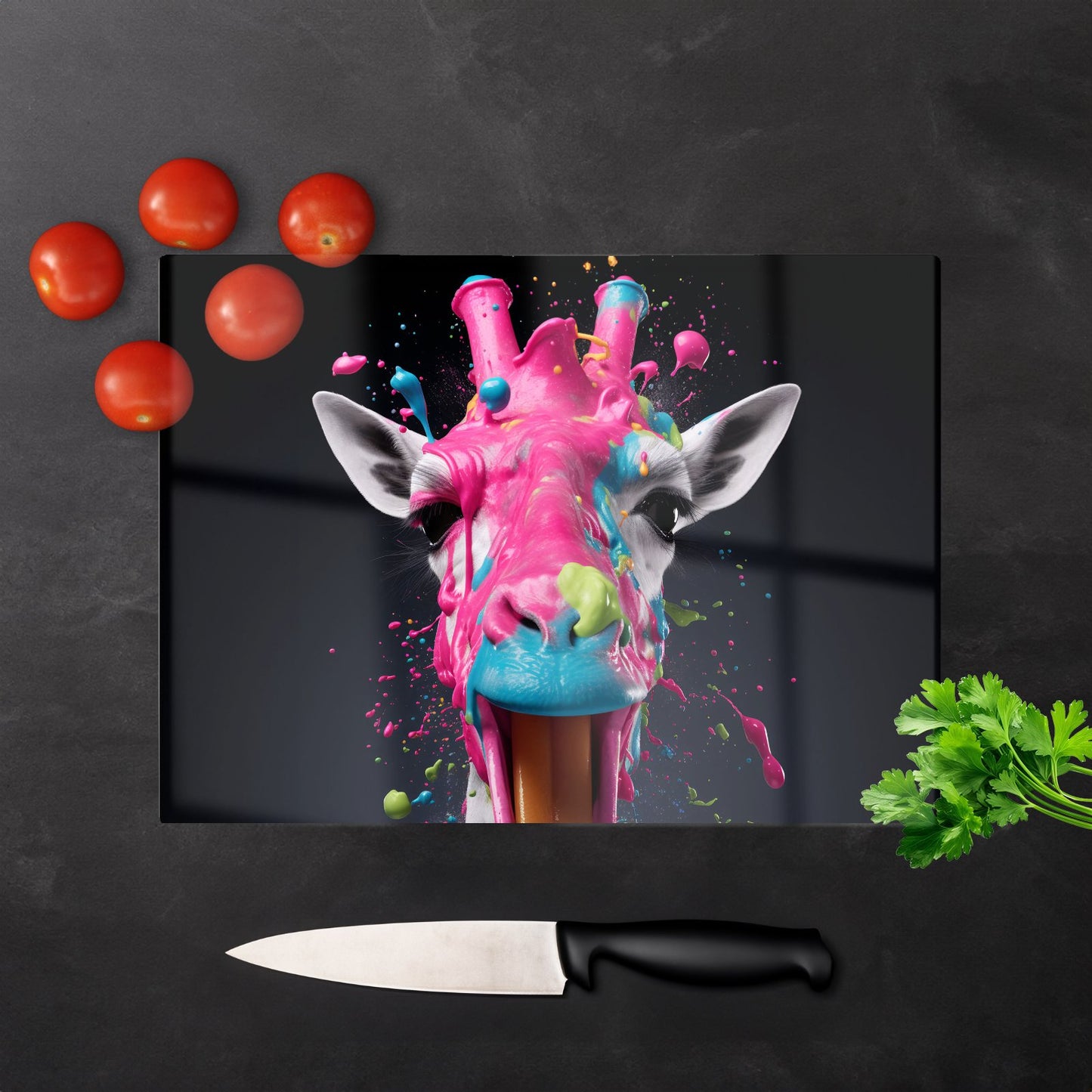 Splashart Giraffe Face Pink Glass Chopping Board