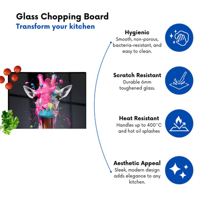 Splashart Giraffe Face Pink Glass Chopping Board