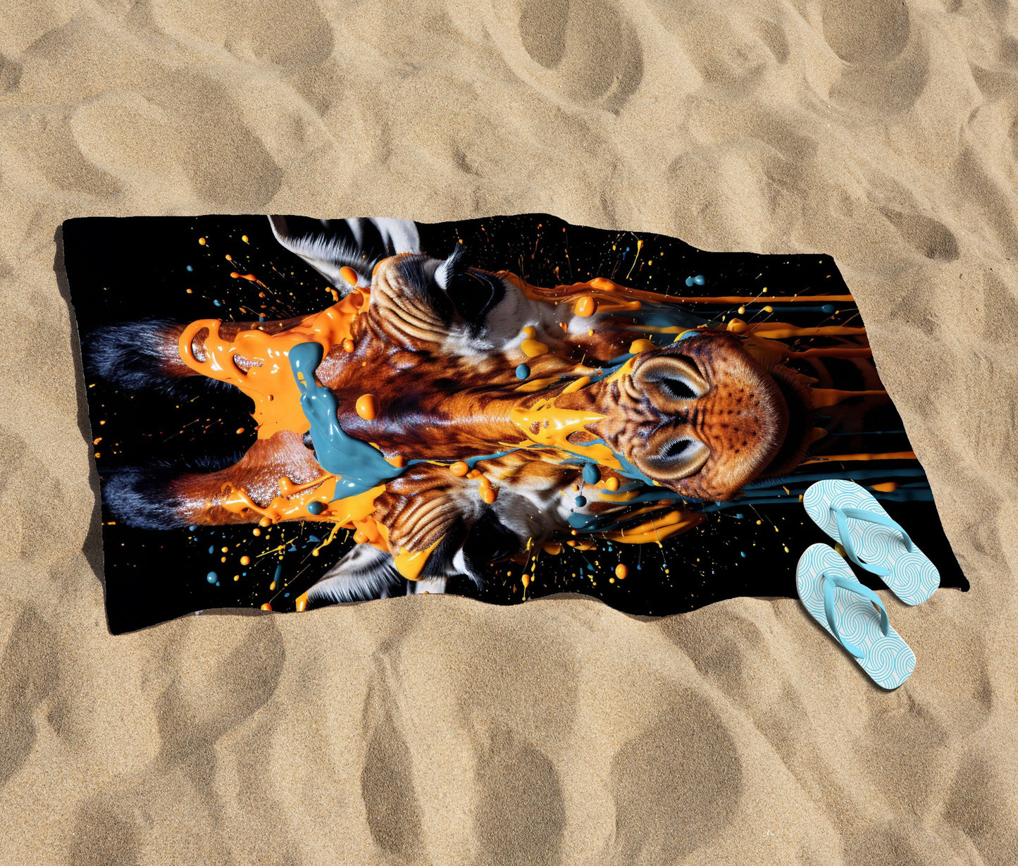 Giraffe Face Splashart Beach Towel