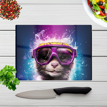 Splashart Ferret With Glasses Purple Glass Chopping Board