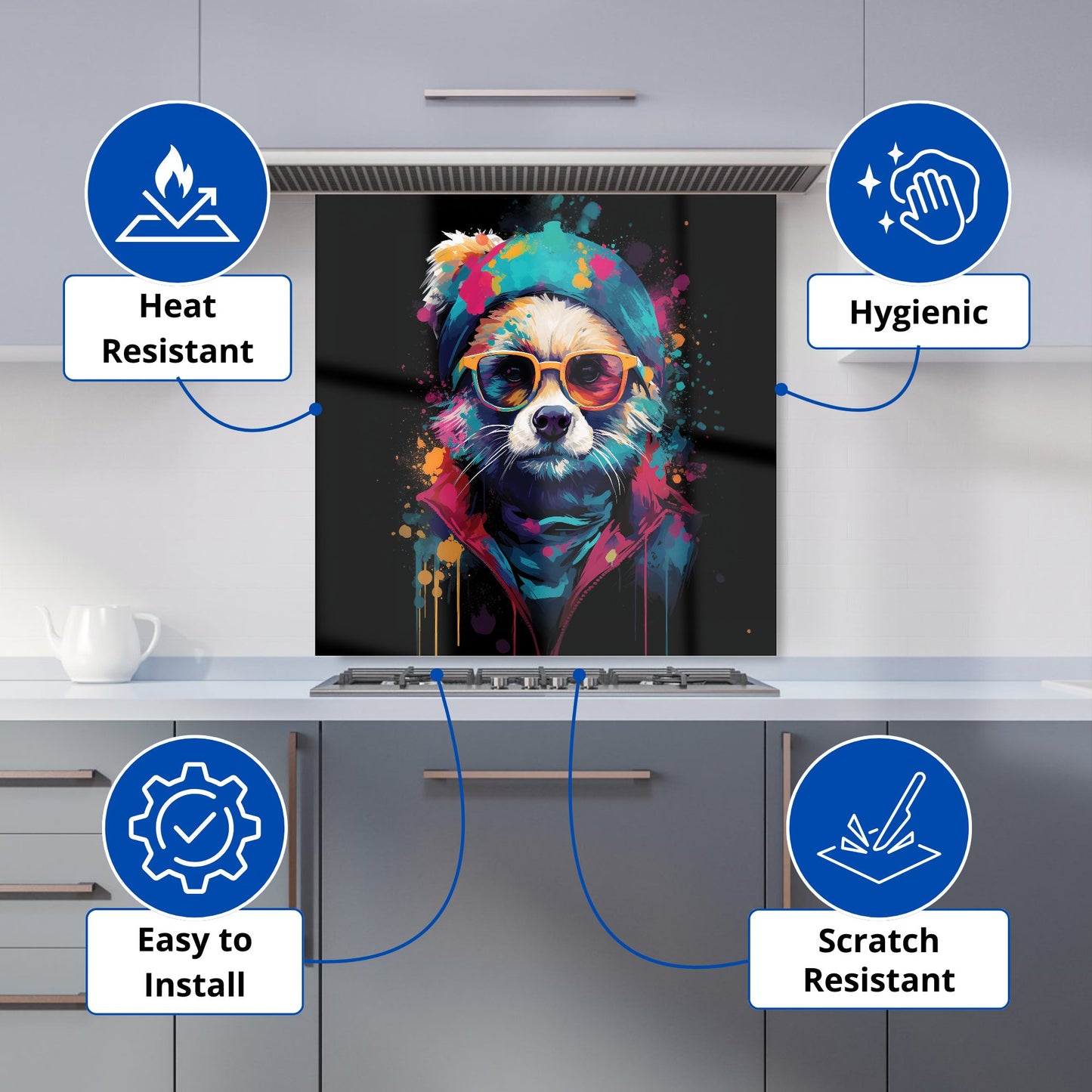 Multi Coloured Splashart Dog With Glasses Kitchen Splashback