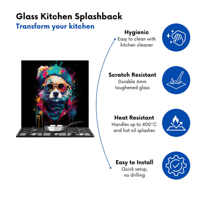 Multi Coloured Splashart Dog With Glasses Kitchen Splashback