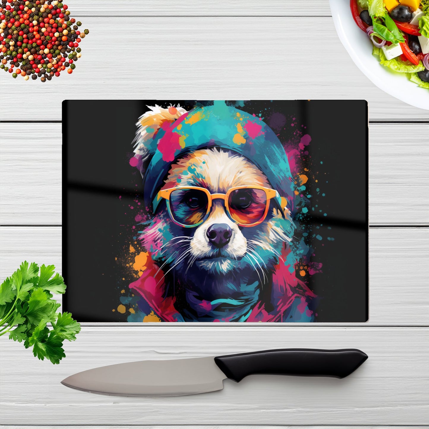 Multi Coloured Splashart Dog With Glasses Glass Chopping Board