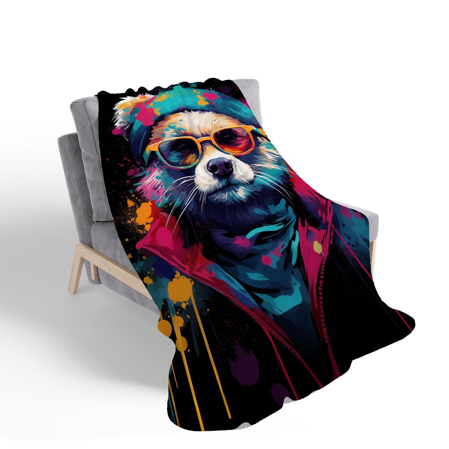 Multi Coloured Splashart Dog With Glasses Sherpa Blanket