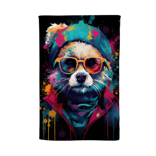 Multi Coloured Splashart Dog With Glasses Tea Towel