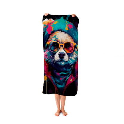 Multi Coloured Splashart Dog With Glasses Beach Towel