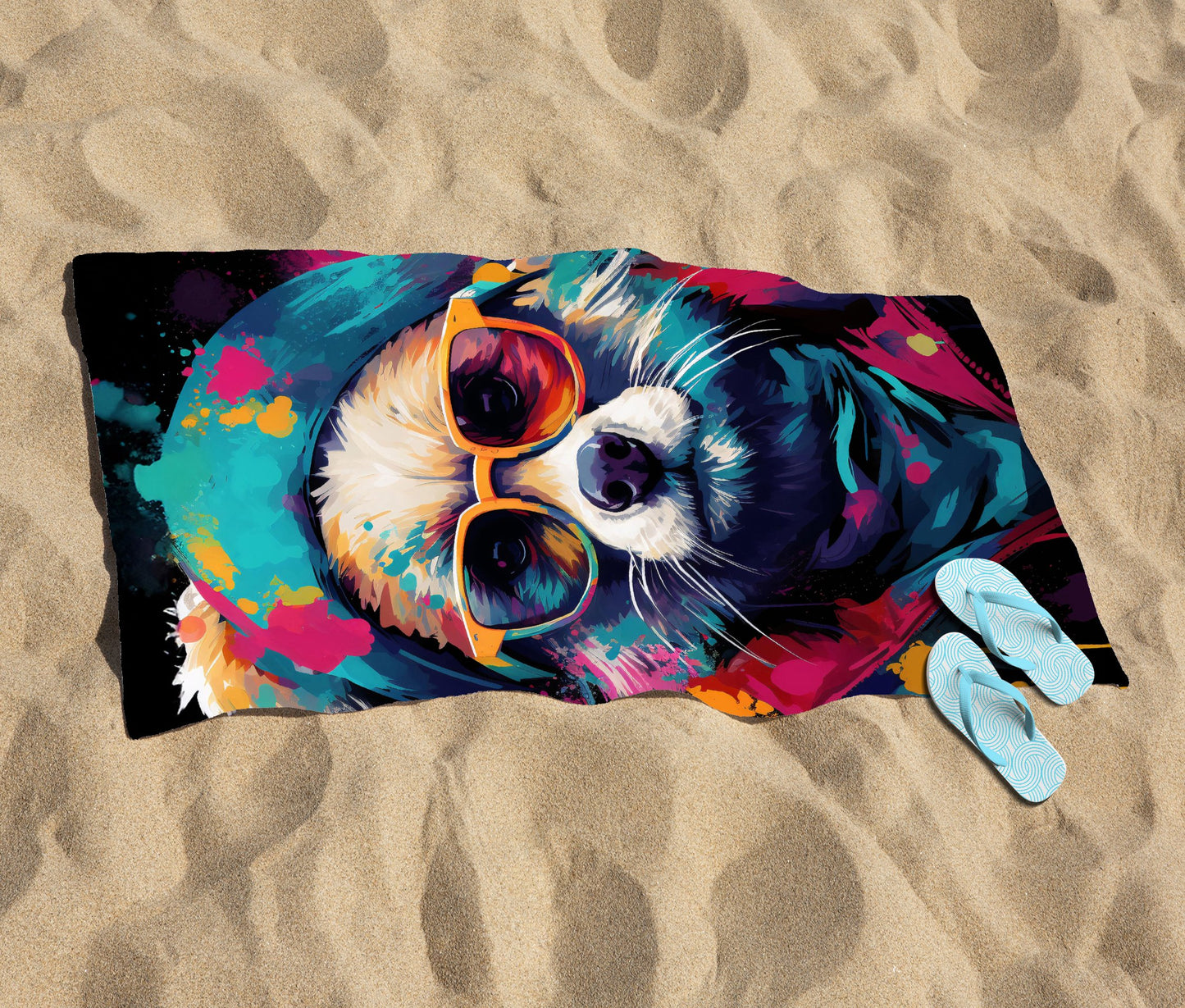 Multi Coloured Splashart Dog With Glasses Beach Towel