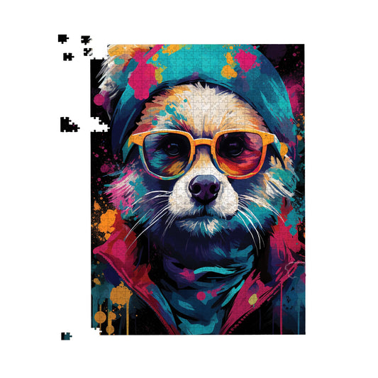Multi Coloured Splashart Dog With Glasses Jigsaw Puzzle
