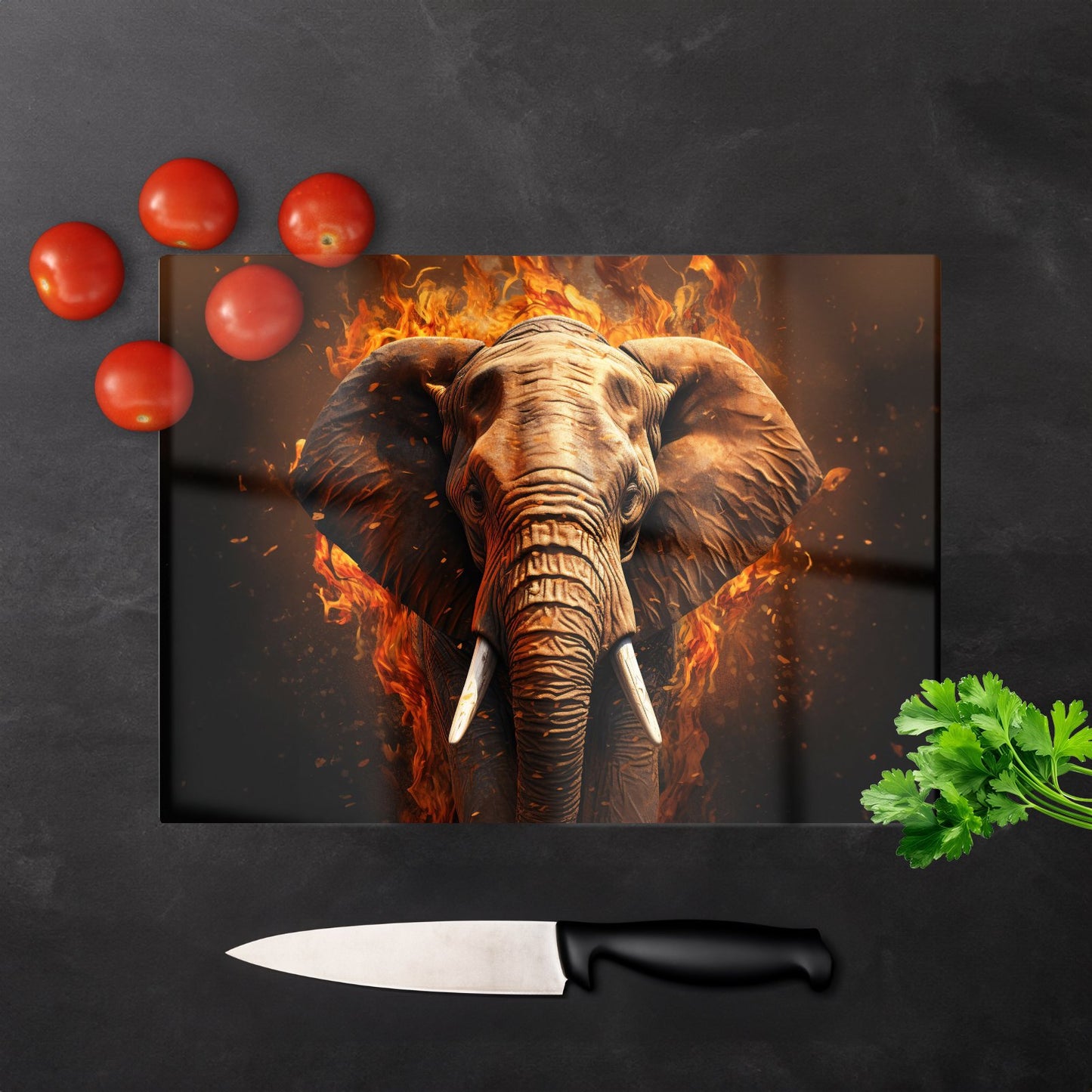 Splashart Elephant And Fire Glass Chopping Board