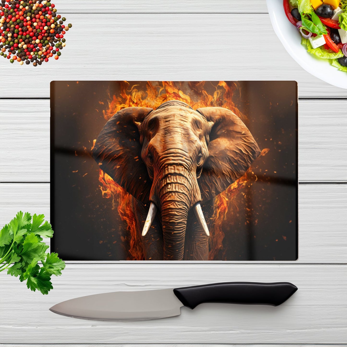Splashart Elephant And Fire Glass Chopping Board