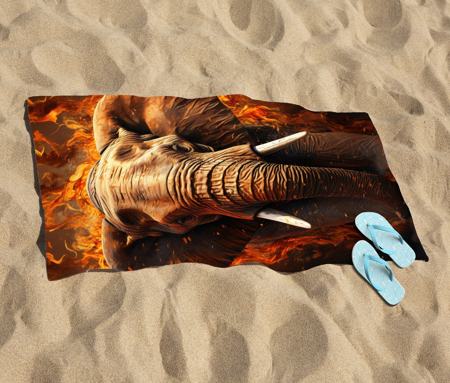 Splashart Elephant and fire Beach Towel