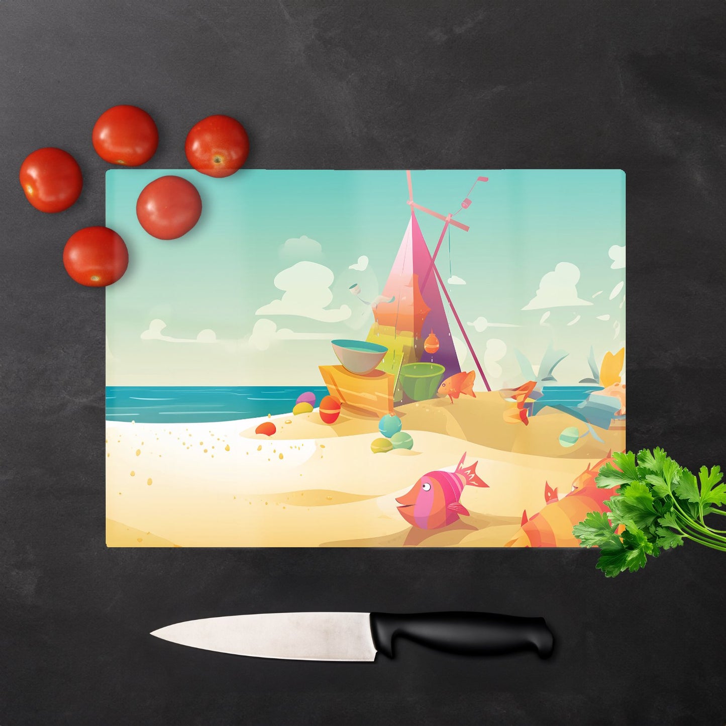 Fish On A Beach Holiday Glass Chopping Board