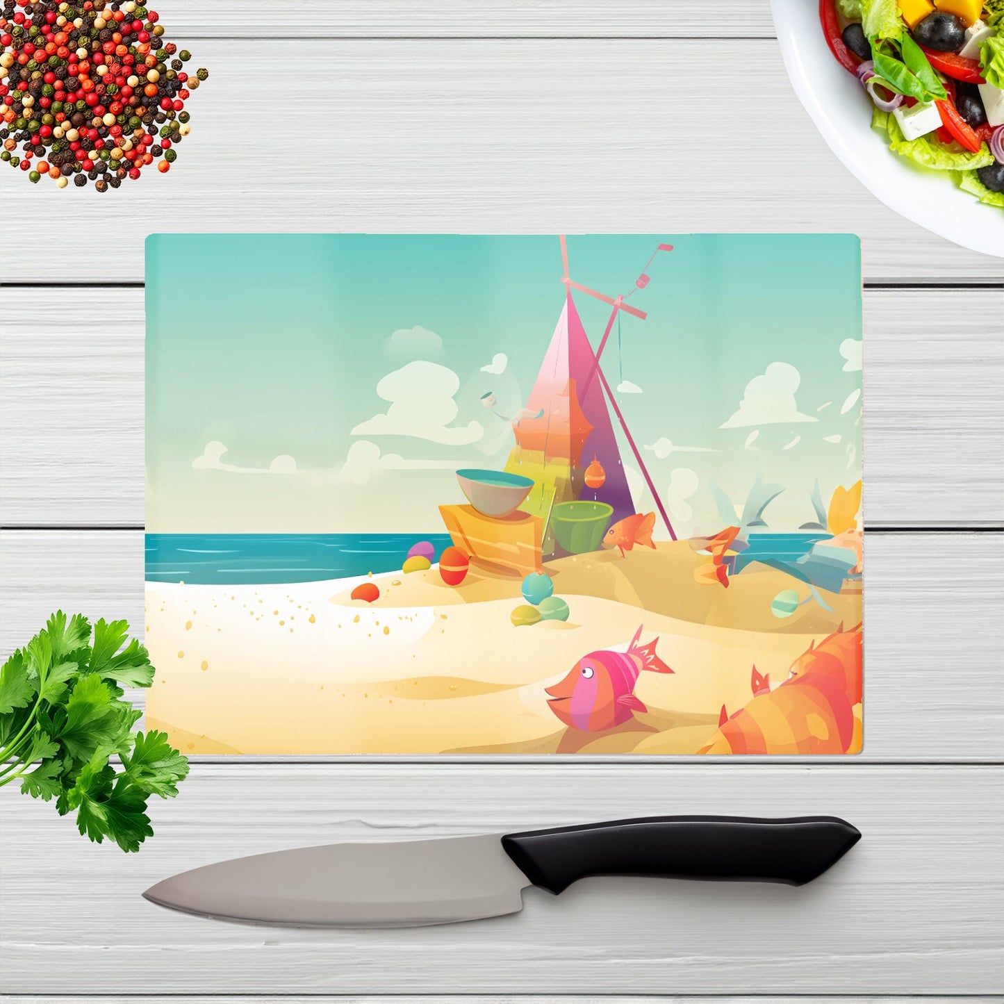 Fish On A Beach Holiday Glass Chopping Board