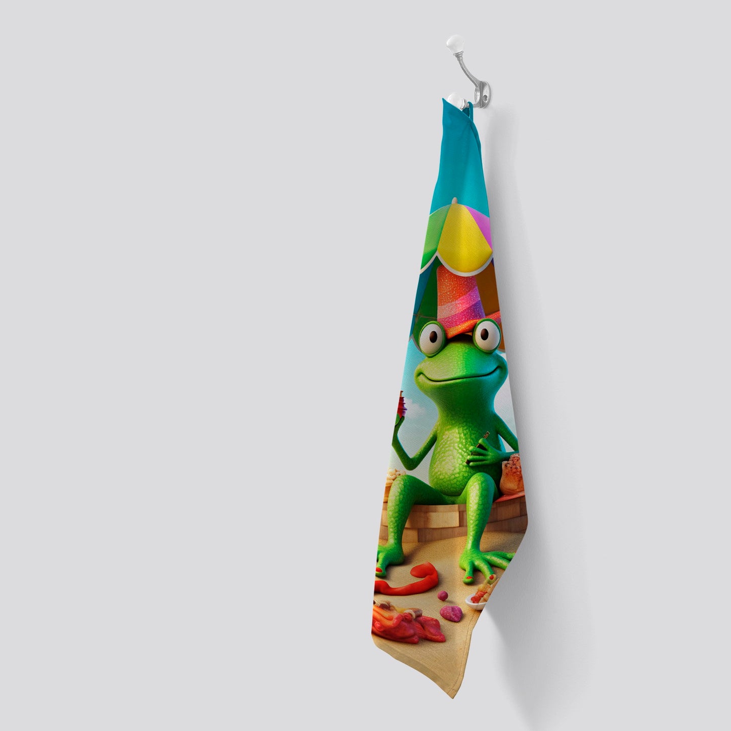 Frog On A Beach Holiday Tea Towel