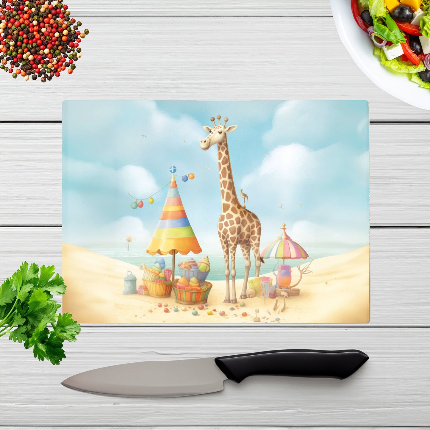 Giraffe On A Beach Holiday Glass Chopping Board